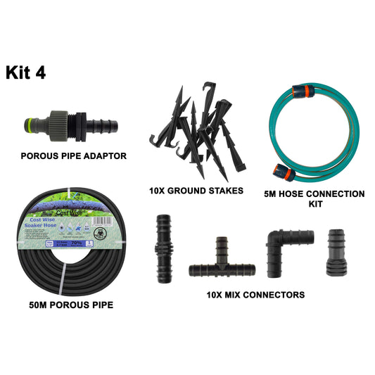 Porous pipe kit 4 with 50m porous pipe, 5m hose connection kit, connectors, adapter and stakes