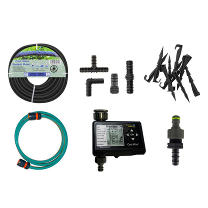 Porous Pipe Kit 5 contents: porous pipe, mix connectors, ground stakes, water timer