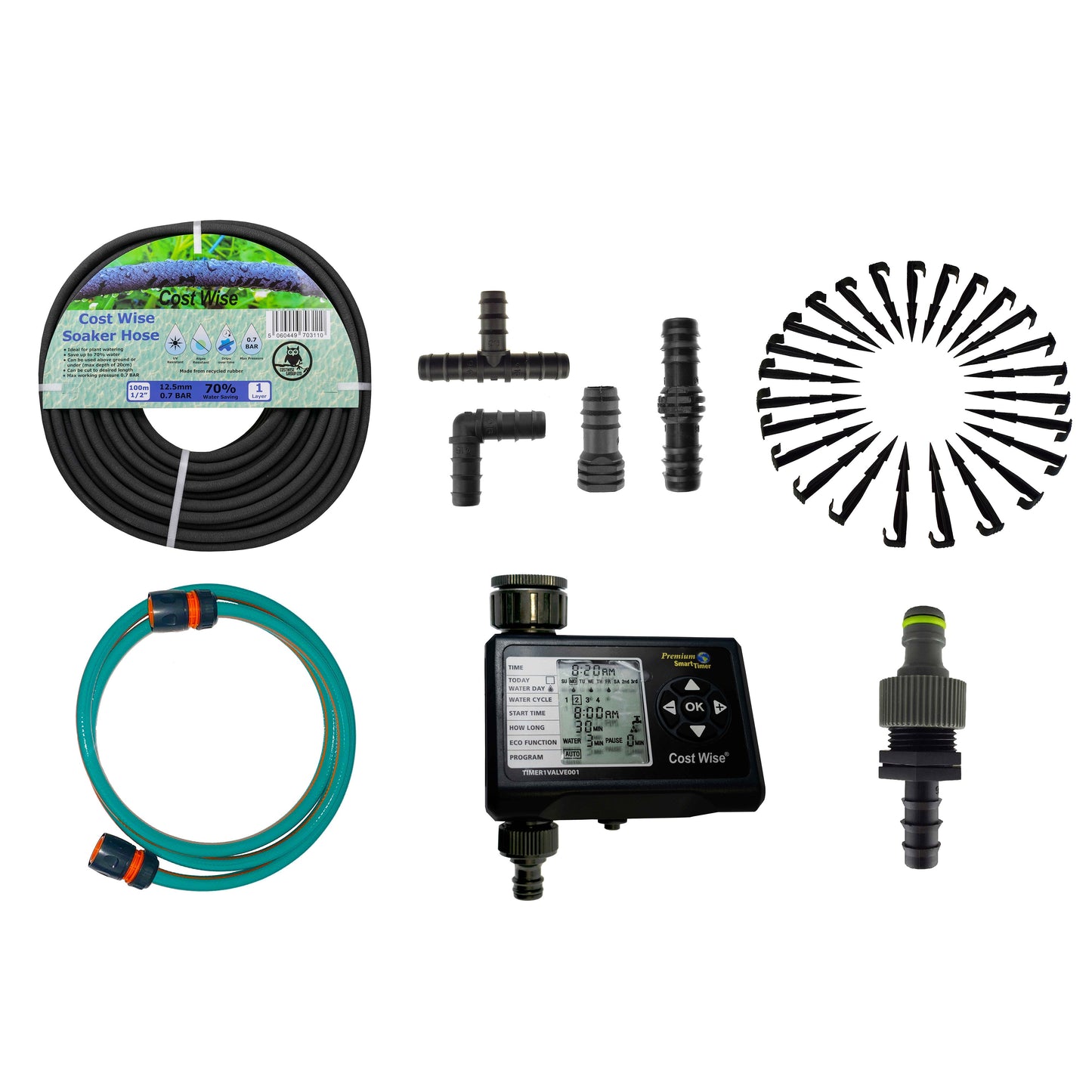 Porous pipe kit 6 components: black soaker hose roll, water timer, adapter, connectors and stakes