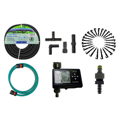 Porous pipe kit 6 components: black soaker hose roll, water timer, adapter, connectors and stakes