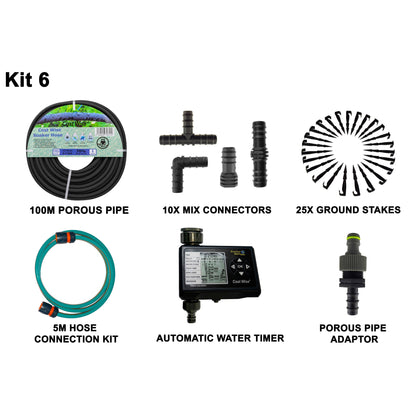 Porous pipe kit 6 with black soaker hose, connectors, water timer, adapter and ground stakes