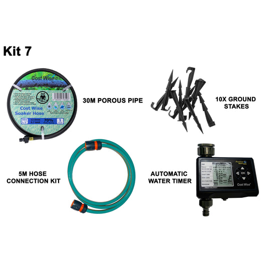 Porous pipe kit: 30 m soaker hose, 10 ground stakes, automatic water timer