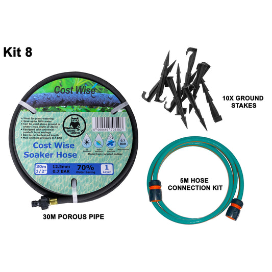 Porous Pipe Kit 8: 30m soaker hose with 5m connector and 10 ground stakes