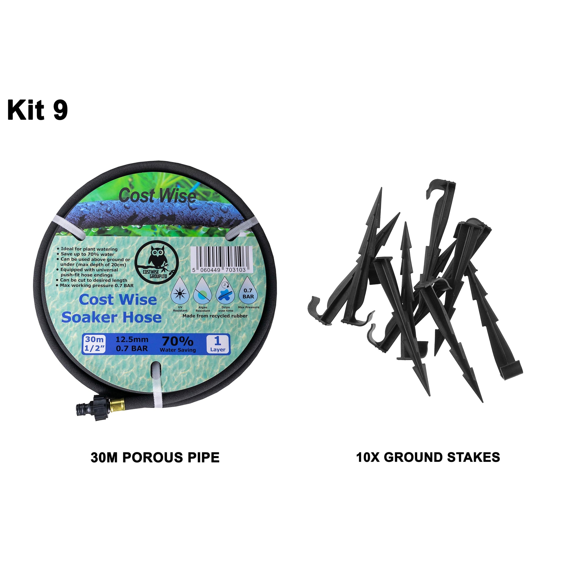 Porous Pipe Kit 9: 30 m porous soaker hose with 10 ground stakes
