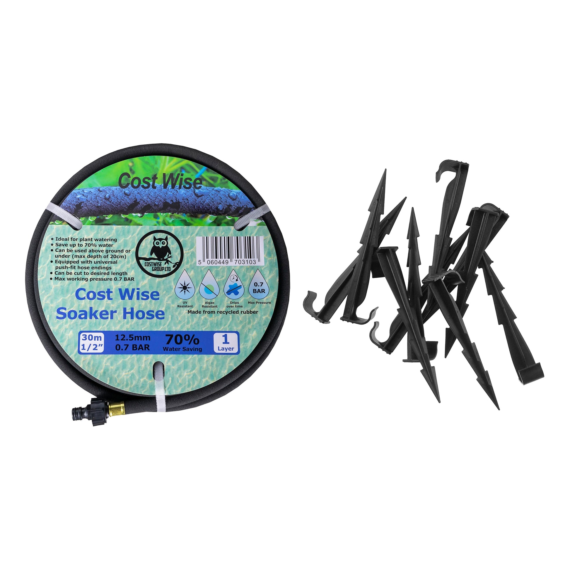 Porous Pipe Kit 9 contents: rolled soaker hose and 10 black ground stakes