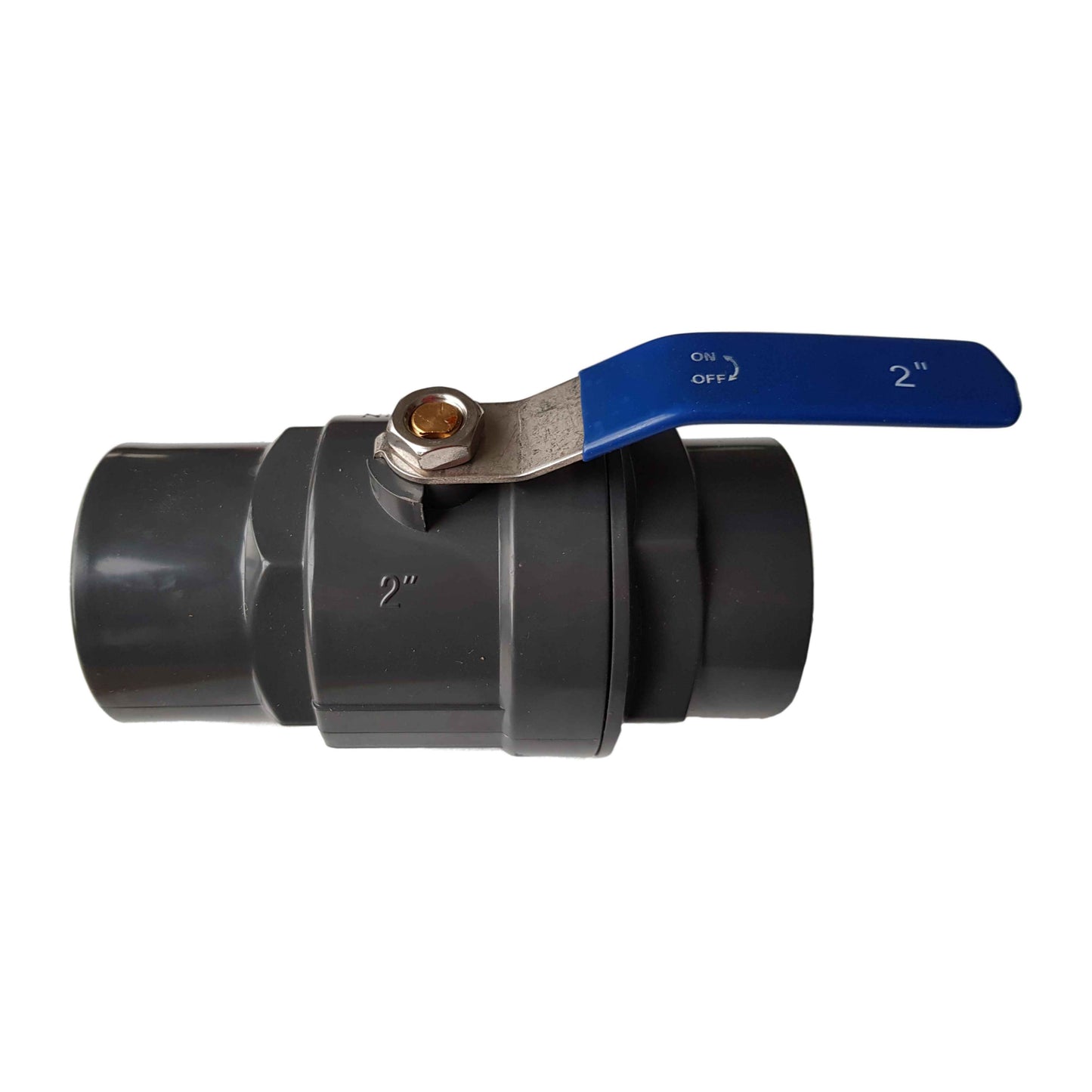 PP 2" BSPF stopcock ball valve with blue handle, black body, metal hex nut