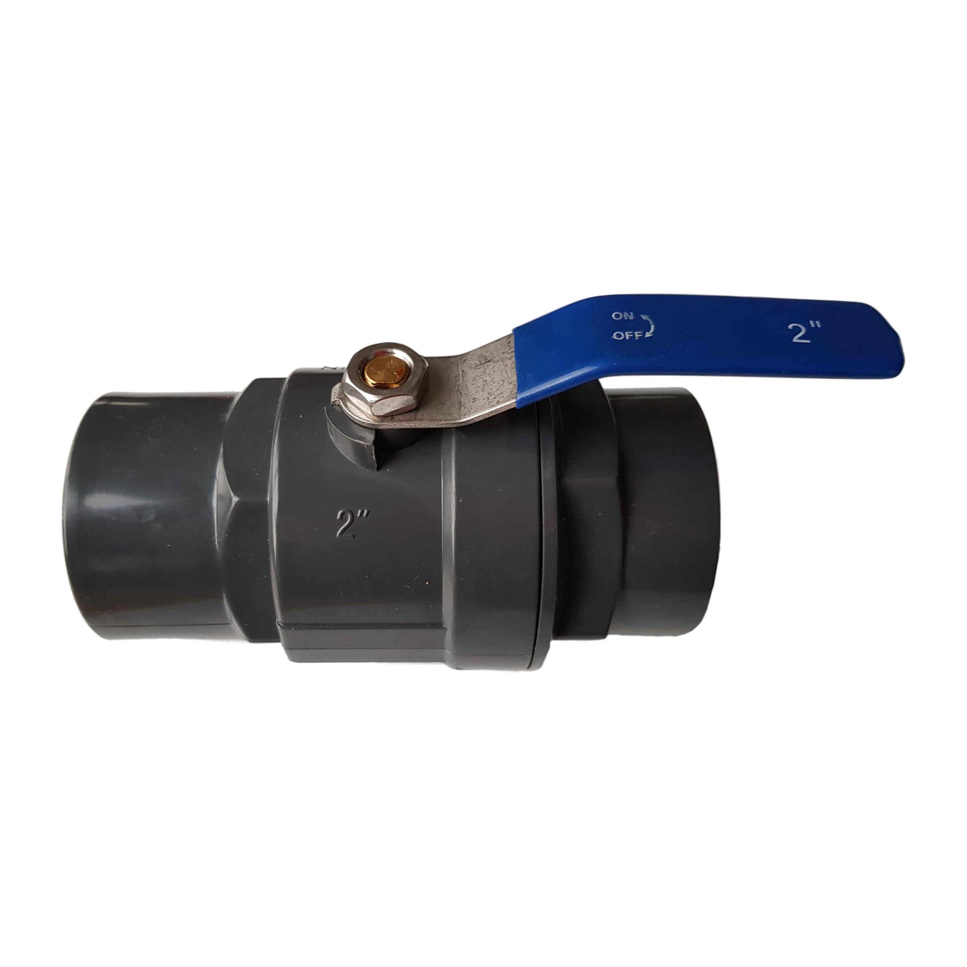 PP 2" BSPF stopcock ball valve with blue handle, black body, metal hex nut