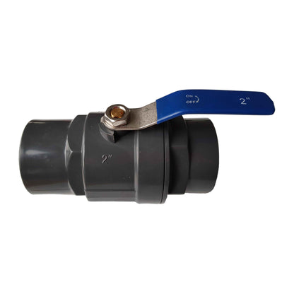PP 2" BSPF stopcock ball valve with blue handle, black body, metal hex nut