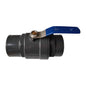 PP 2" BSPF stopcock ball valve with blue handle, black body, metal hex nut