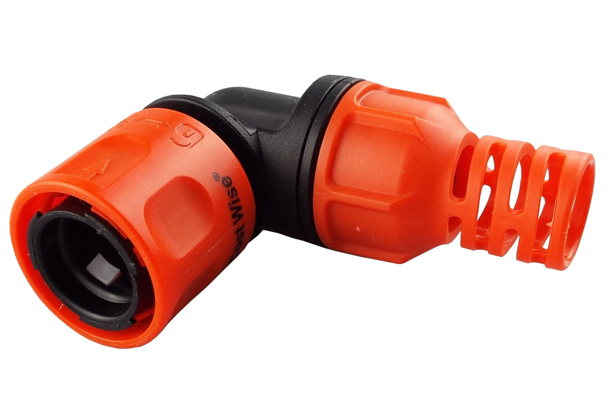 Close-up orange/black angle hose connector with vented flexible hose-protector cap