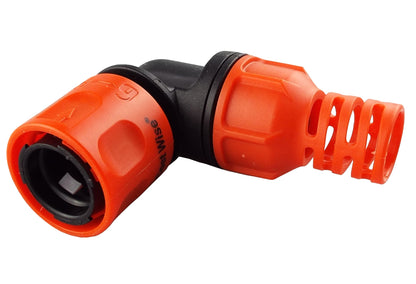 Close-up orange/black angle hose connector with vented flexible hose-protector cap