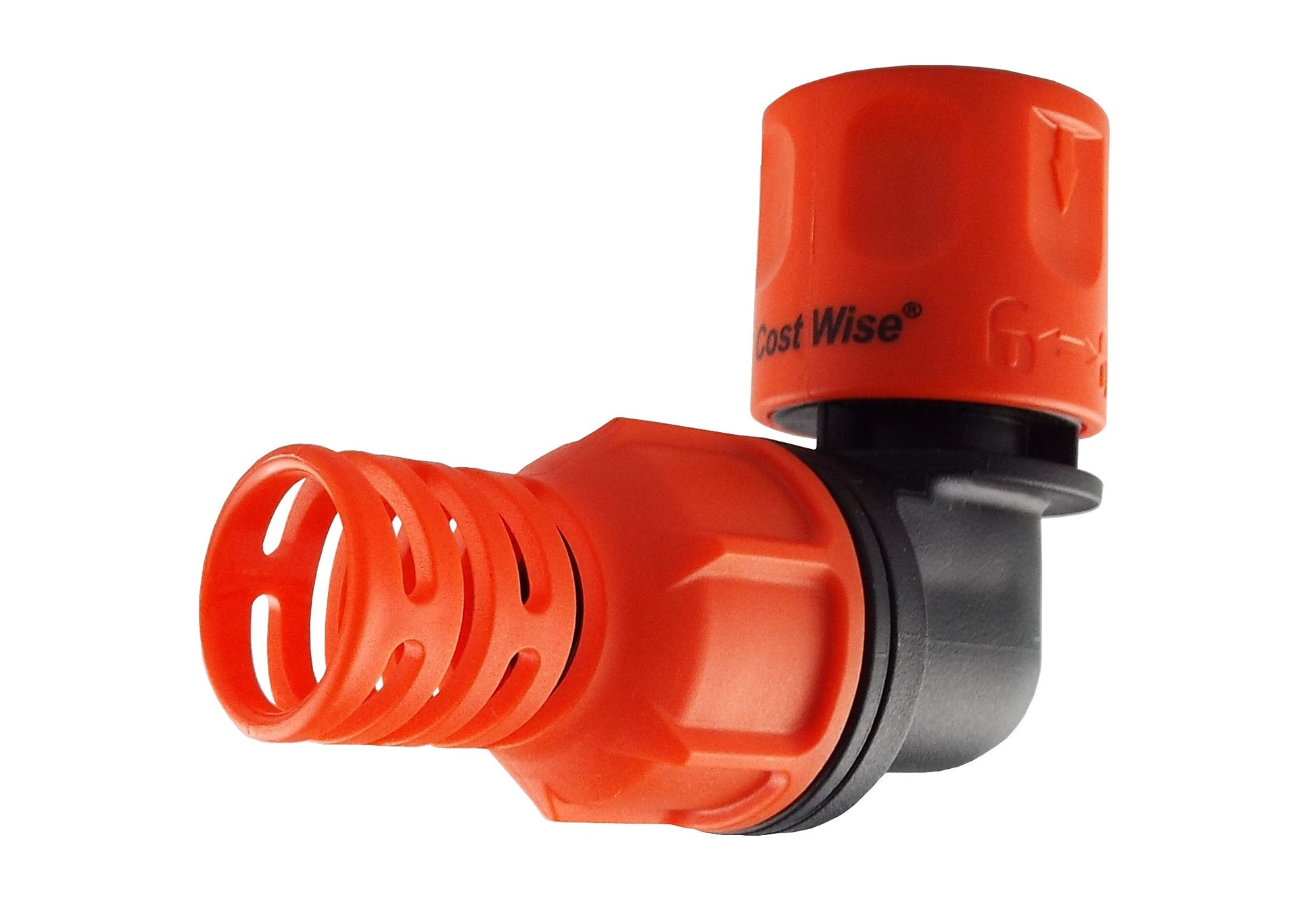 Orange and black angled hose connector with vented flexible cap and locking collar