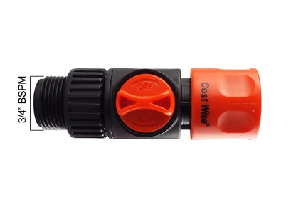 3/4" BSPM inlet quick connector with OFF/NO manual valve, orange knob