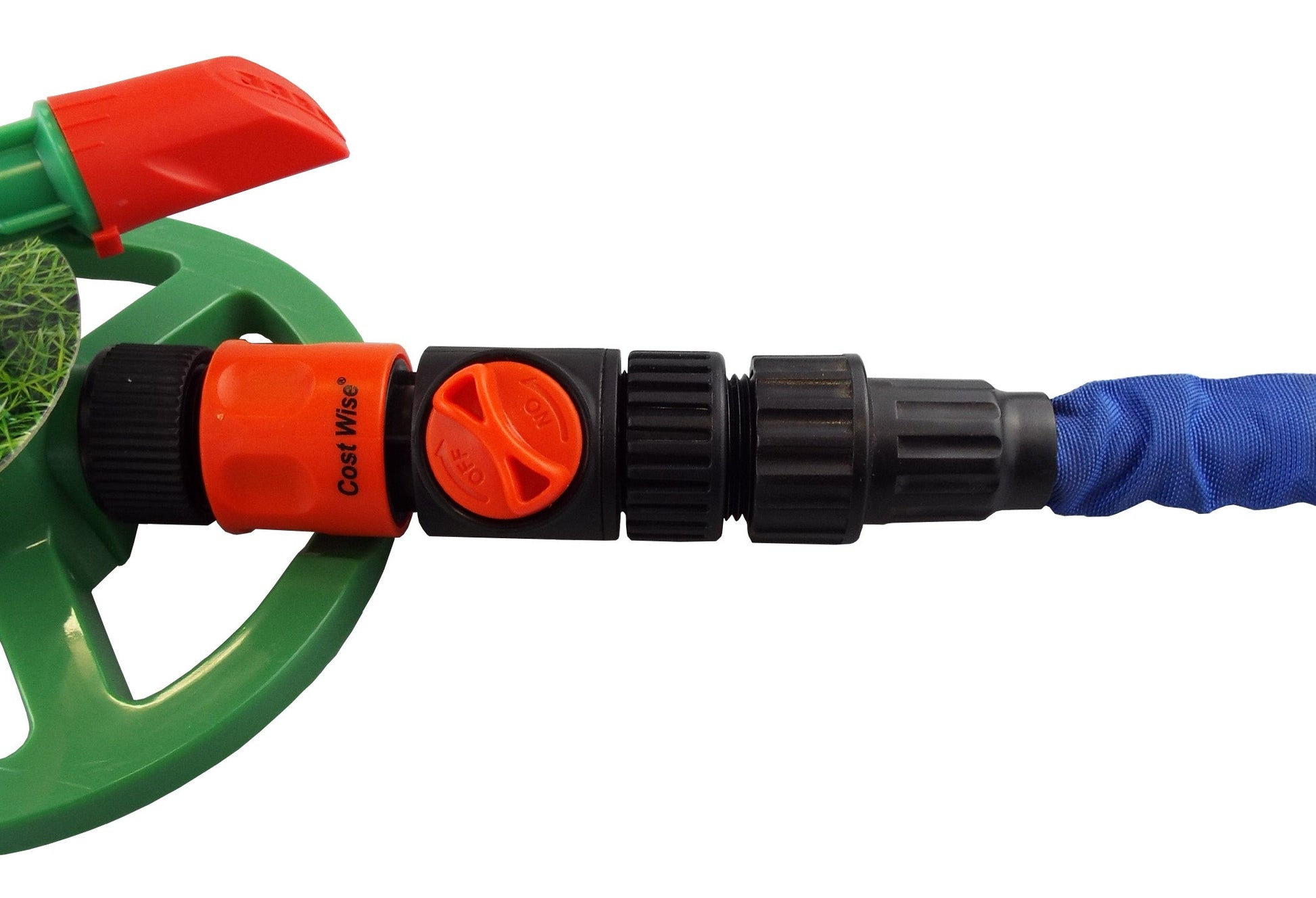 Quick connector with manual valve attached to hose fitting, orange and black