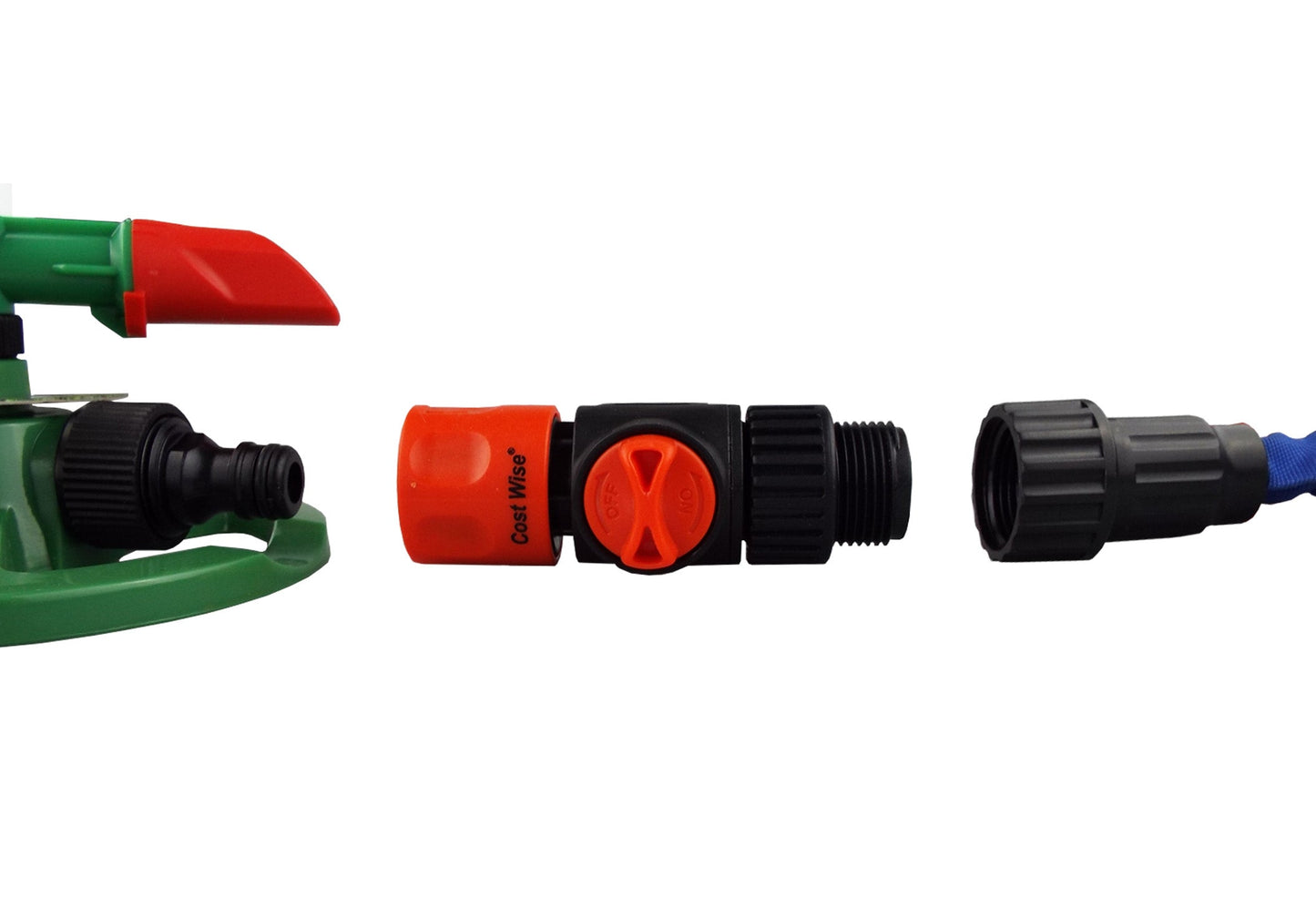 Quick connector with valve and two connection ends, orange and black