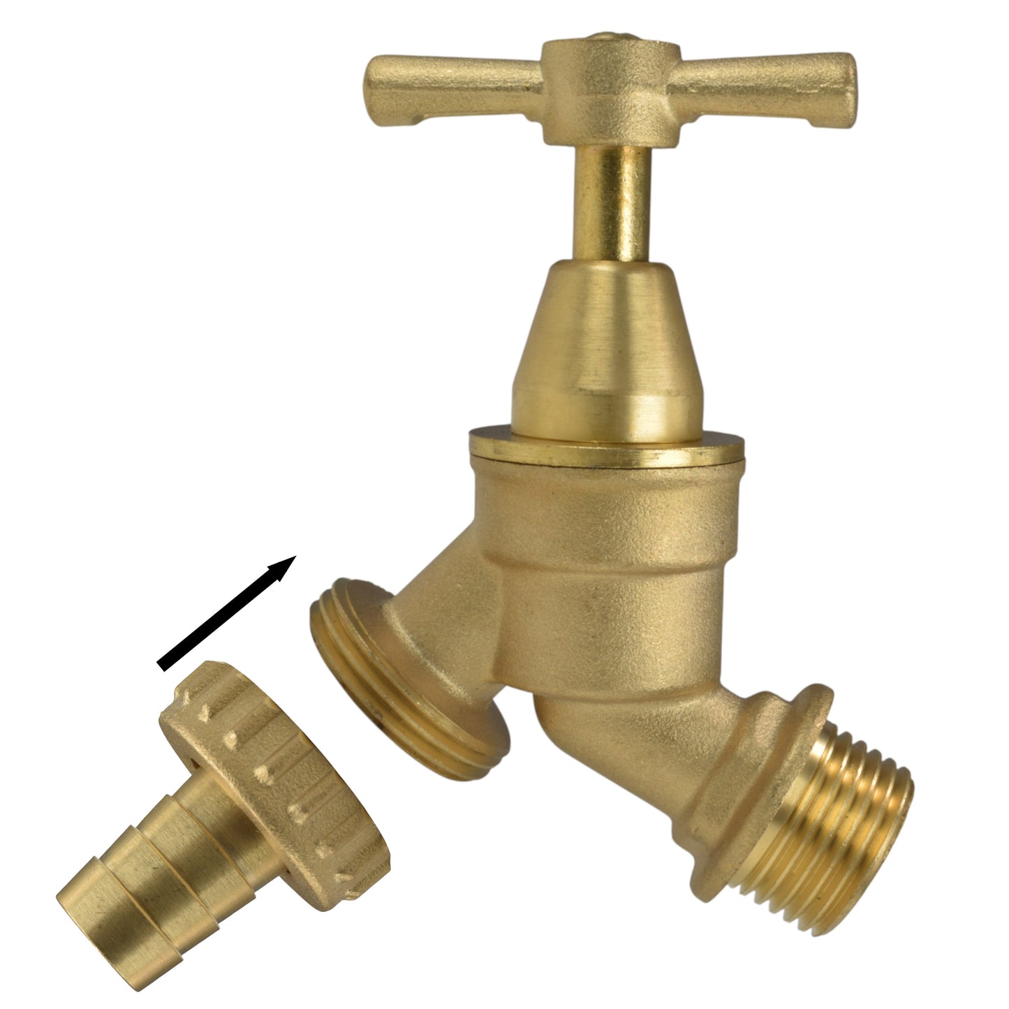 Brass bib tap outlet kit with barbed quick-connect end and BSP threaded connection