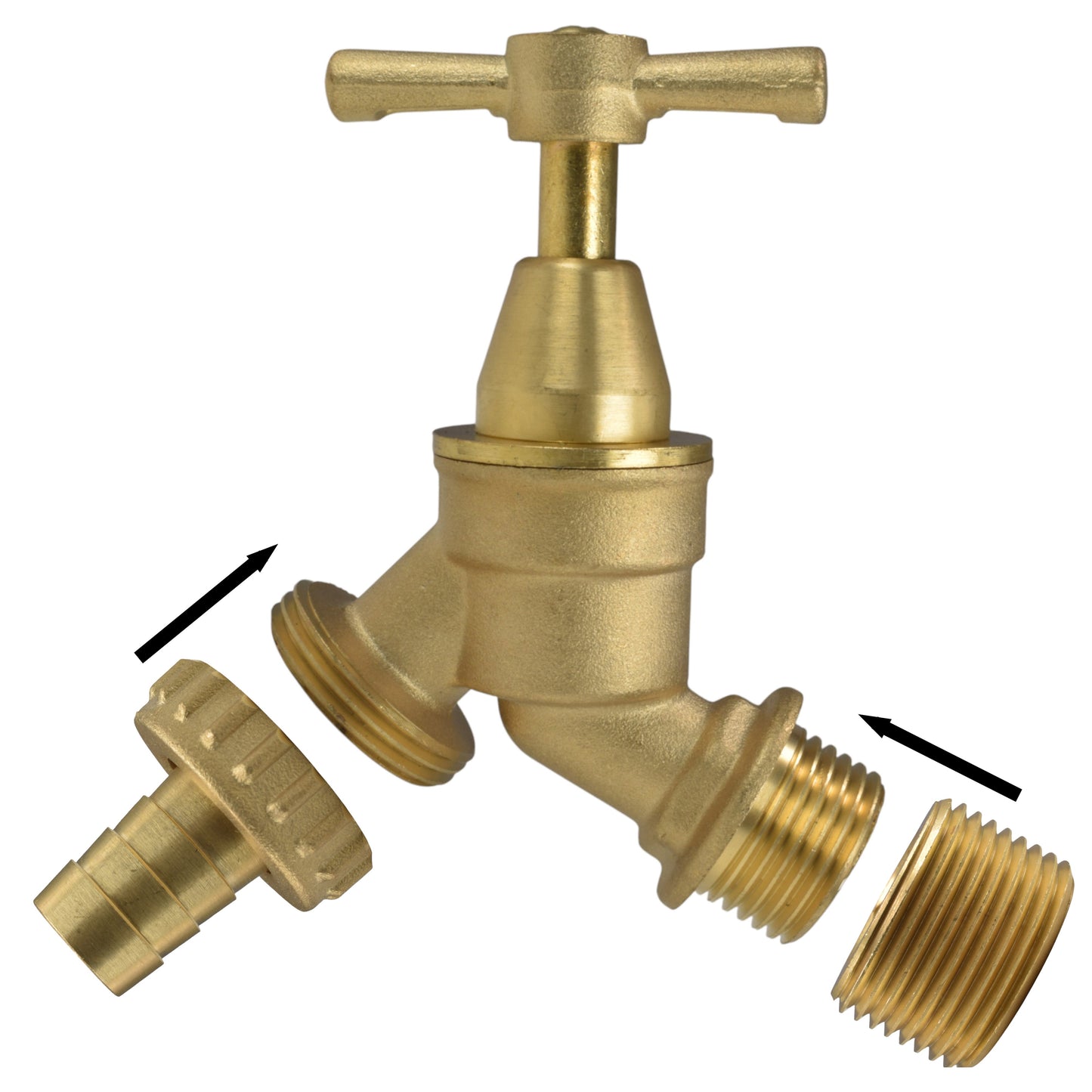 Brass bib tap kit diagram showing quick-connect barb, brass connector, and BSP reducers