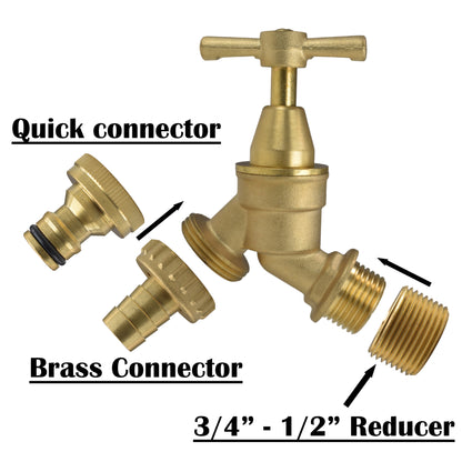 Brass bib tap kit diagram: quick connector, brass connector, and reducer 3/4–1/2