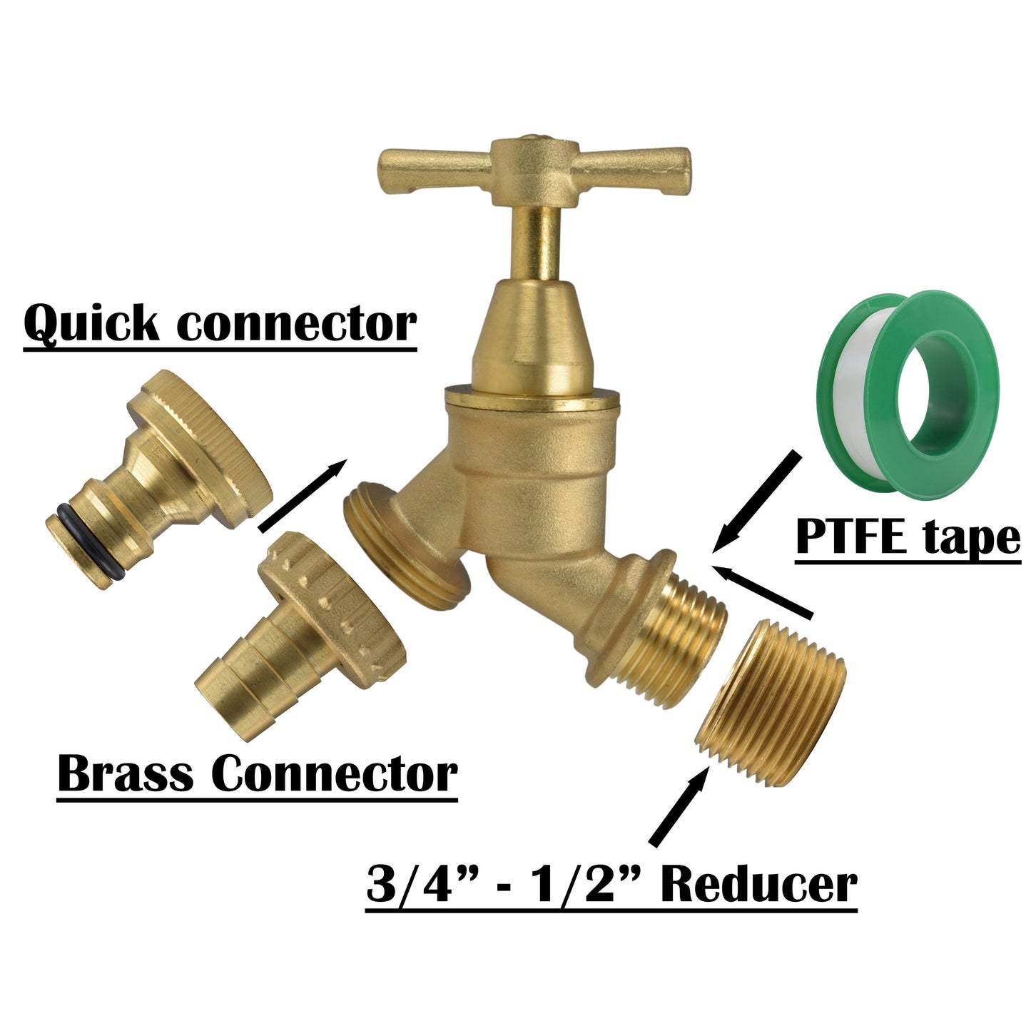Brass bib tap kit diagram: quick connector, PTFE tape, brass connector, reducer 3/4–1/2