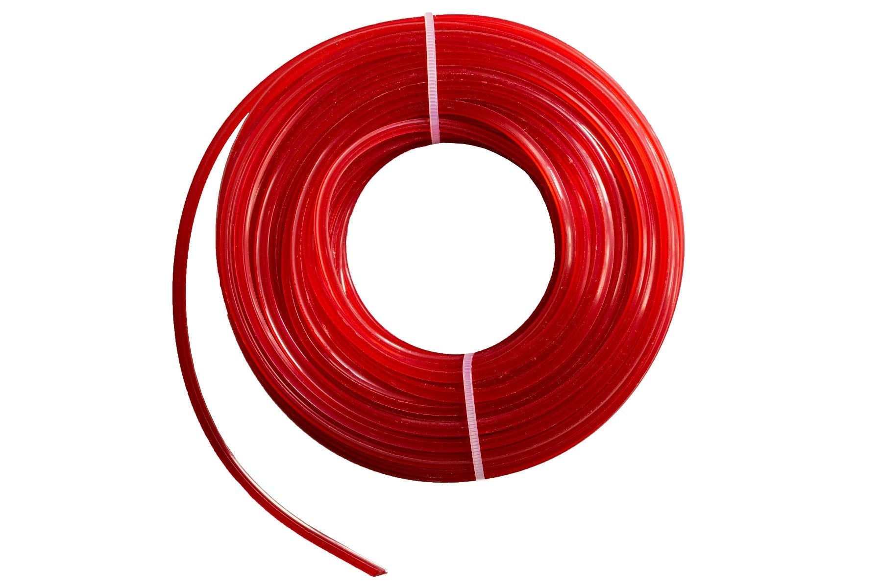 Red strimmer line spool, 2mm line neatly wound in a coil
