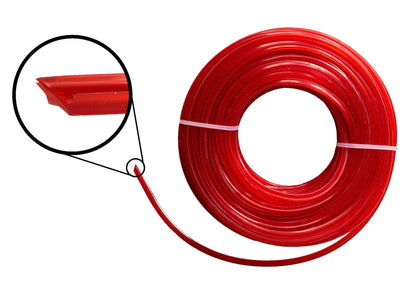 Red strimmer line coil with inset star-shaped cutting tip, 2mm