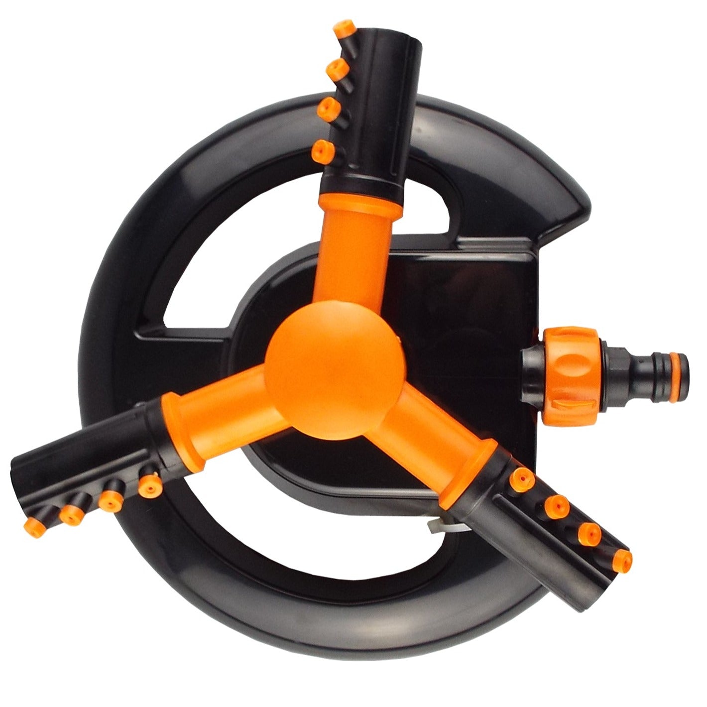 Nahansicht: Rotationssprinkler mit orangefarbenem Kopf, 3 schwarzen Armen und Anschlussstutzen