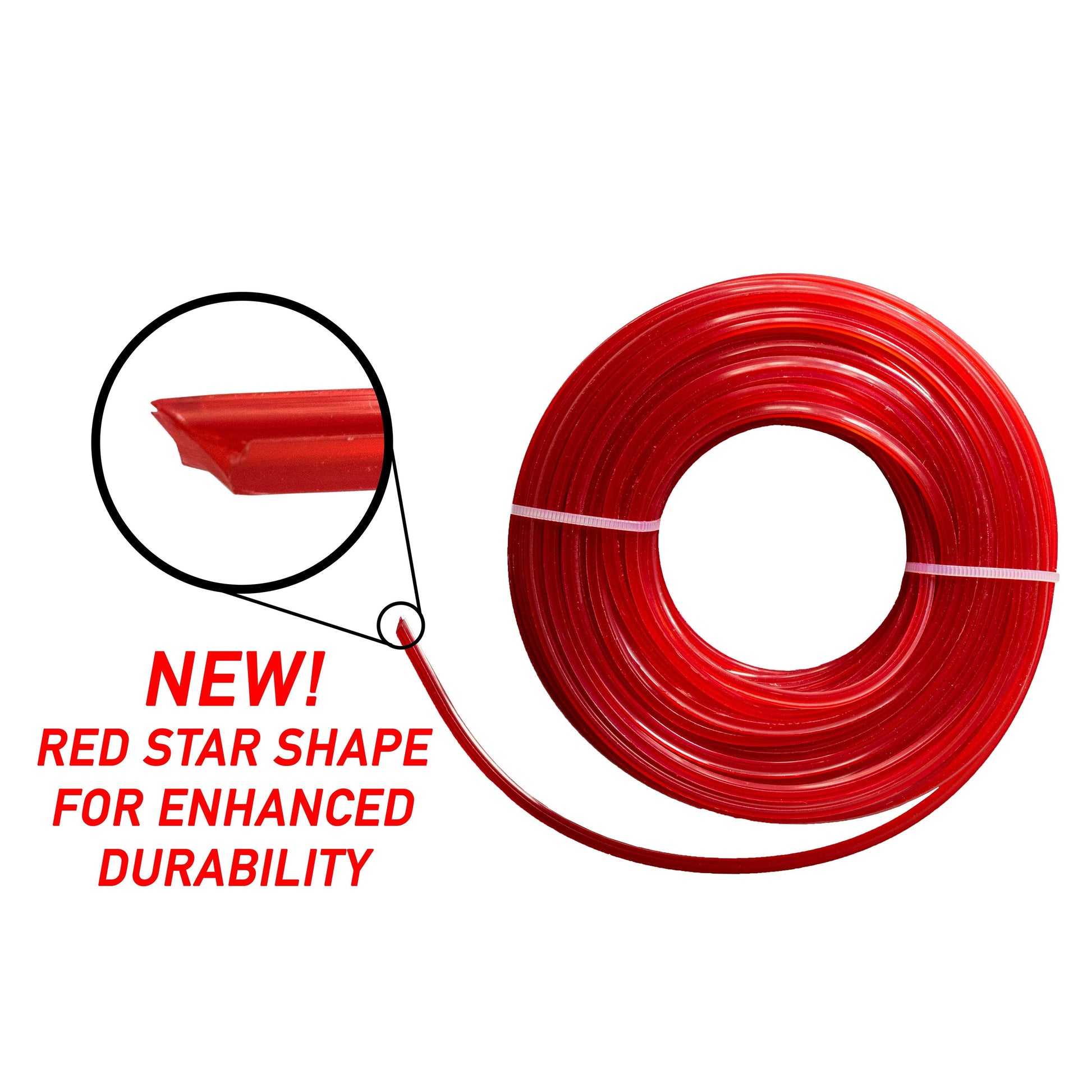 Red Star strimmer line coil with star-shaped tip for enhanced durability