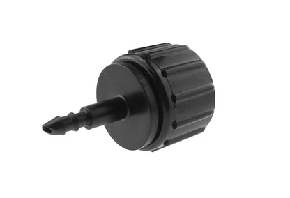 Barbed outlet connector end with ridged sleeve and small hose barb