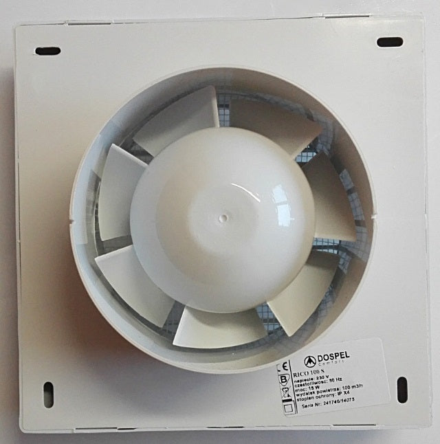 Rico 120mm bathroom fan with open fan blade housing and rear label