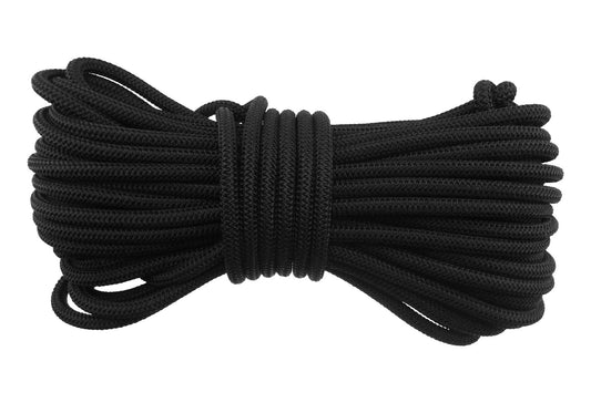 Black 6mm bungee rope coiled bundle with looped end knot