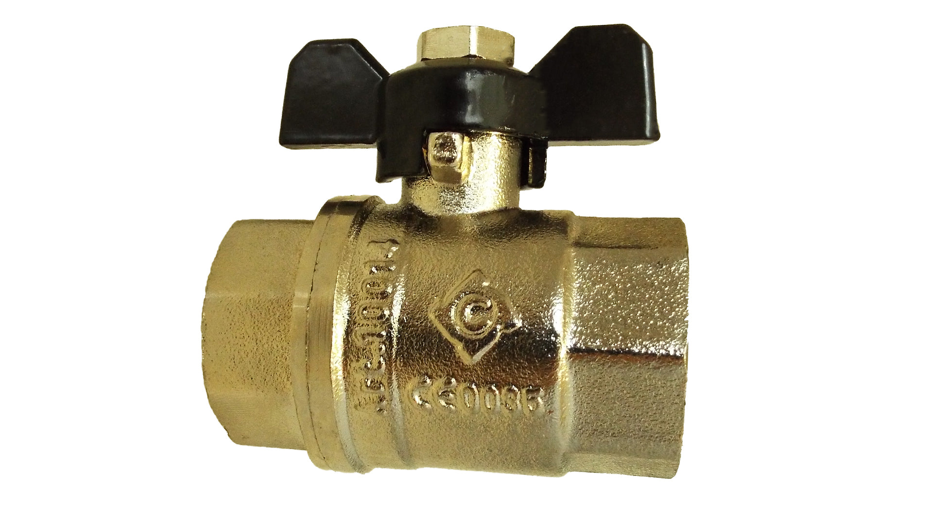 Brass nickel-plated butterfly valve body with engraved symbol and black handle