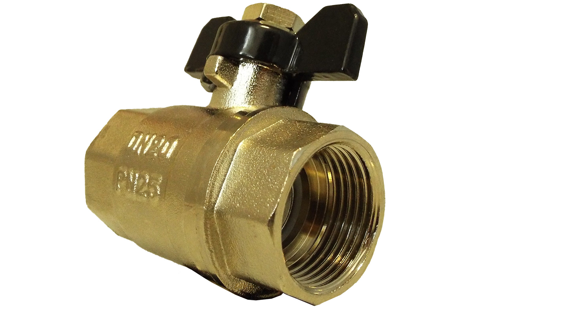 Brass nickel-plated butterfly valve showing 3/4" BSPP female thread inlet