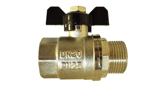 Nickel-plated brass butterfly valve 3/4" BSPM-F with ON/OFF marks and male threads