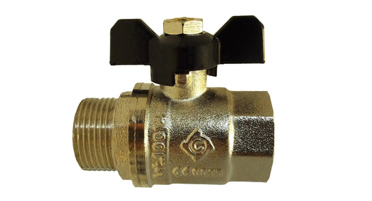 1" BSPM-F brass butterfly valve with nickel-plated finish and black handle