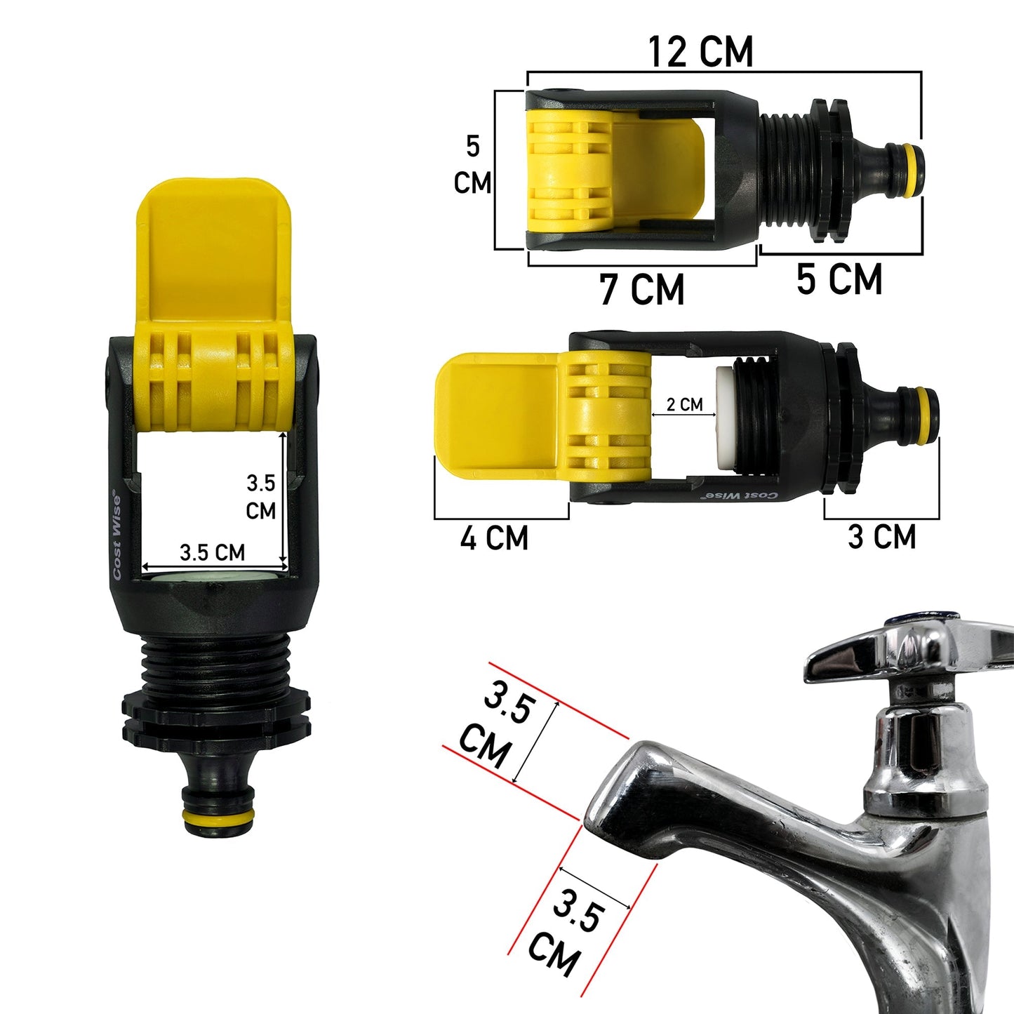 Yellow and black kitchen tap adaptor with size guide and faucet spout connection
