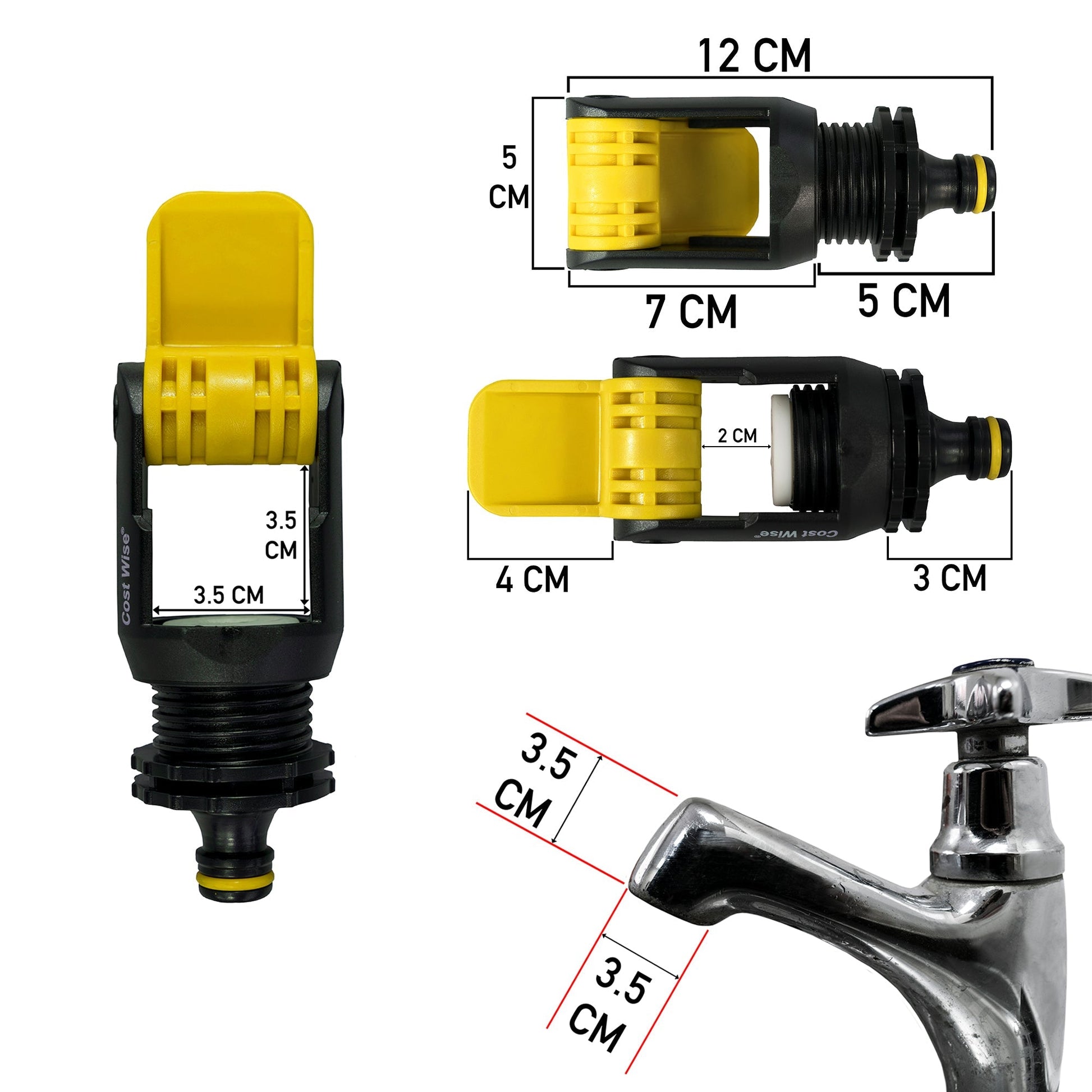 Yellow and black kitchen tap adaptor with size guide and faucet spout connection