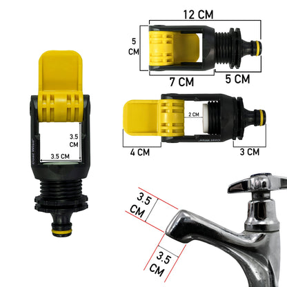 Yellow and black kitchen tap adaptor with size guide and faucet spout connection