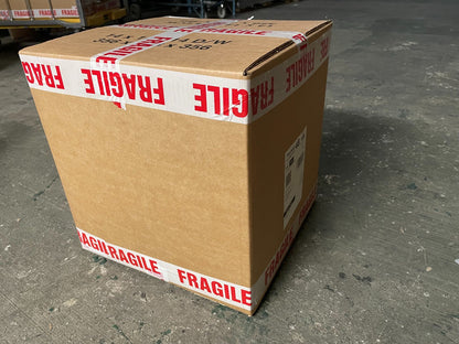 Cardboard shipping box with FRAGILE tape for a 4-pack of glass demijohns