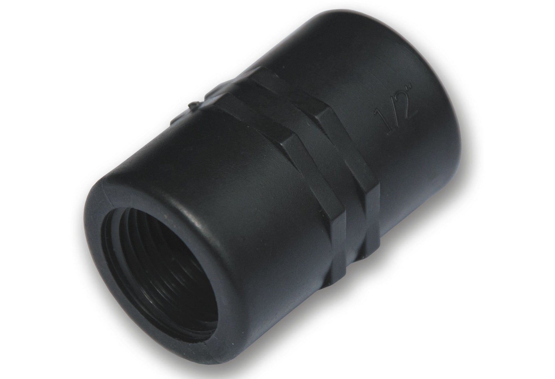 1" BSPF PP Socket: black plastic connector with internal threads