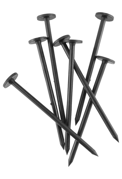 Set of small weed fabric fixing pegs with round heads and pointed stakes, dark