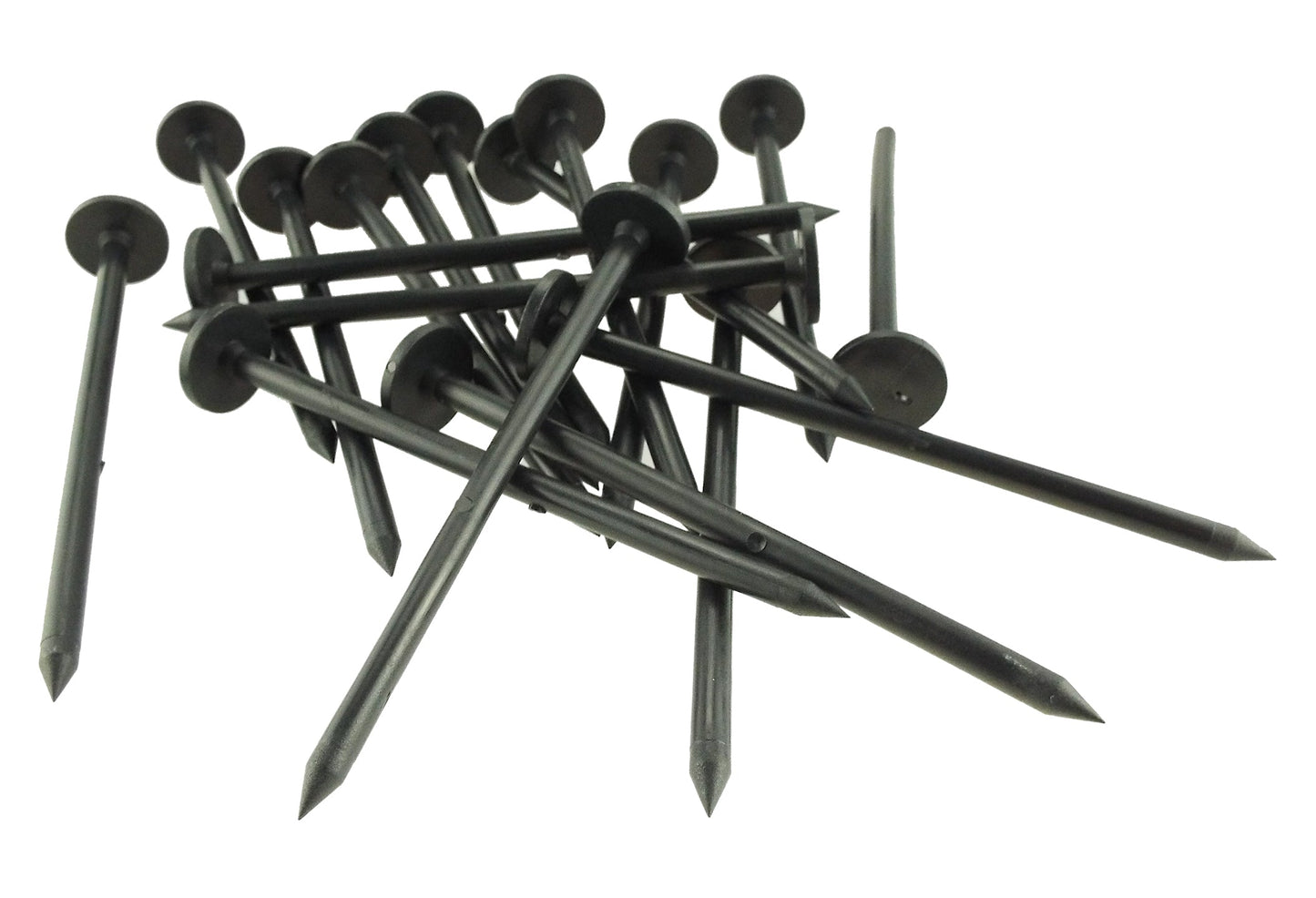 Small fixing pegs for weed fabric, dark plastic stakes with round heads, angled