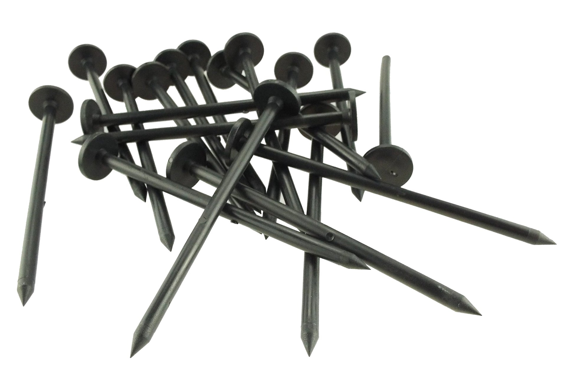 Small fixing pegs for weed fabric, dark plastic stakes with round heads, angled