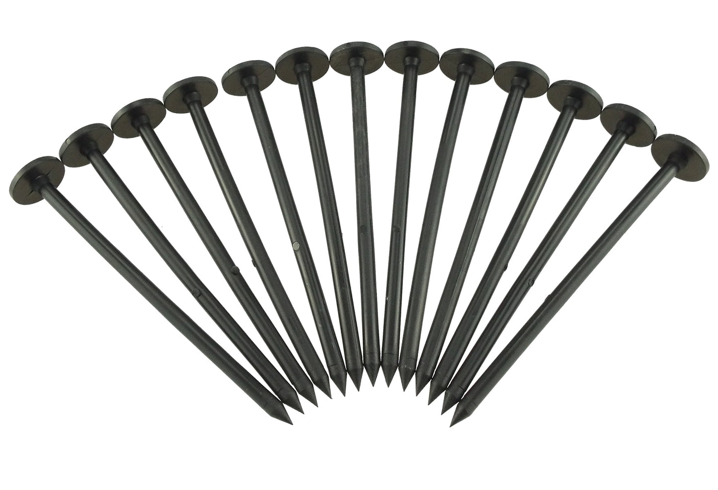 Weed control peg set, round-head stakes, dark plastic, fanned arrangement