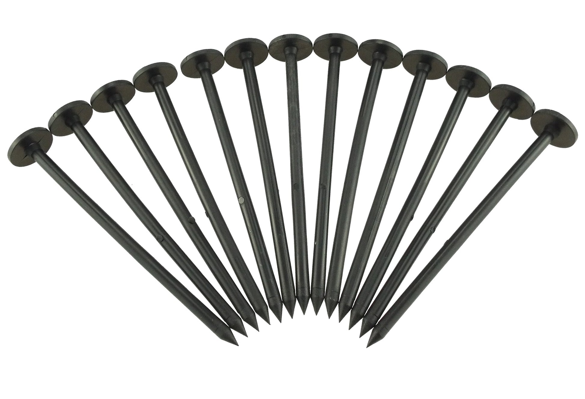 Weed control peg set, round-head stakes, dark plastic, fanned arrangement