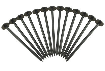 Weed control peg set, round-head stakes, dark plastic, fanned arrangement