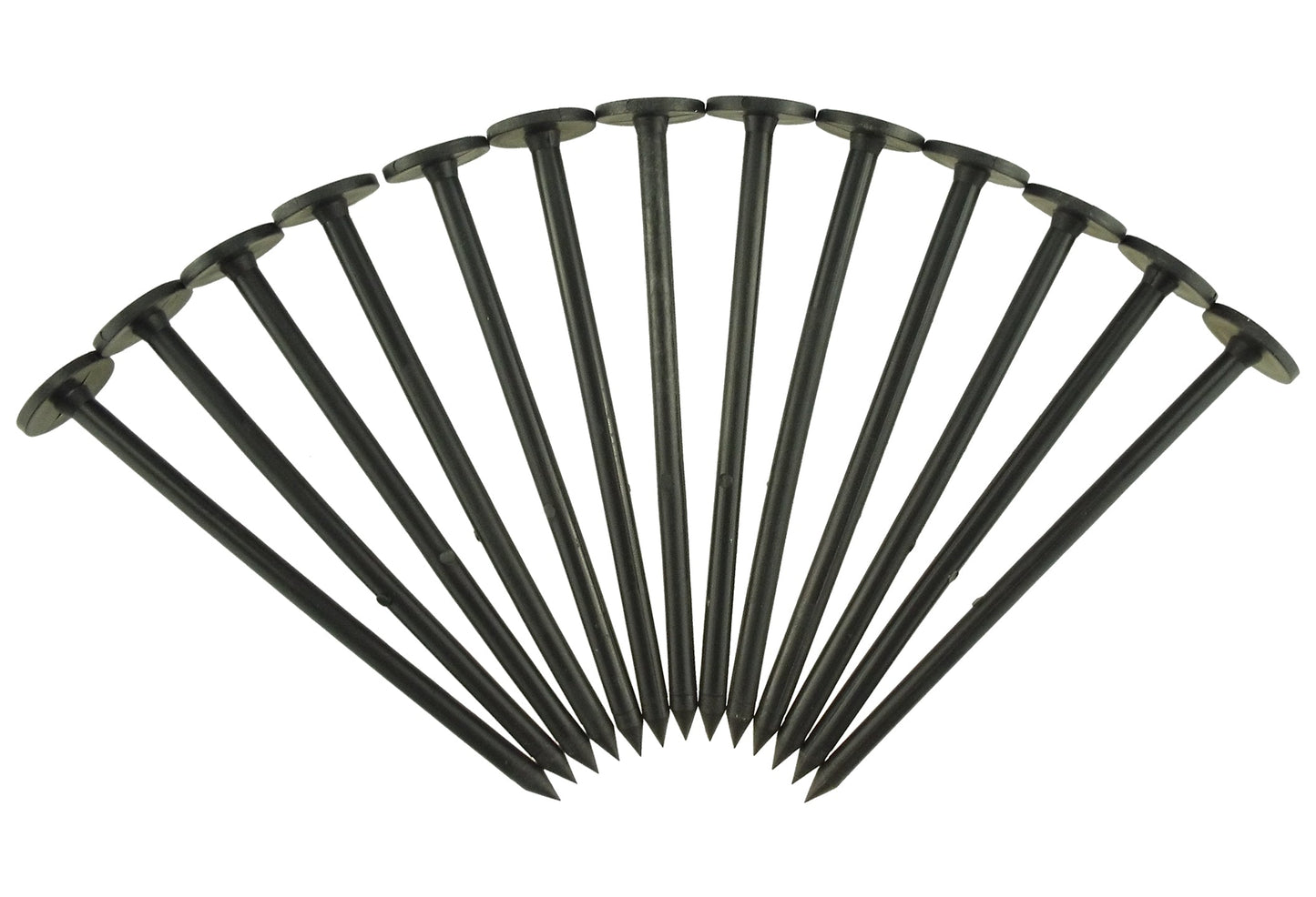 Weed control fabric fixing pegs, pointed stakes with round caps, dark plastic