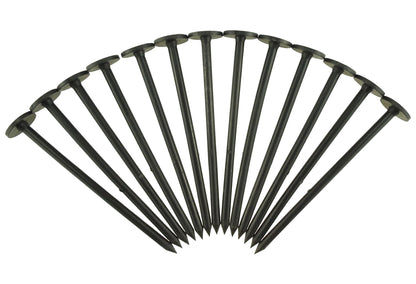 Weed control fabric fixing pegs, pointed stakes with round caps, dark plastic