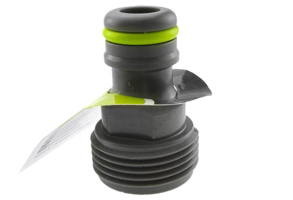 Grey 3/4" BSPM male tap connector with lime-green sealing ring and outlet spout