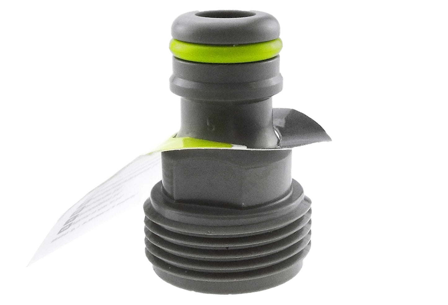 Male tap connector 3/4" BSPM with grey body, lime-green O-ring, threaded ends