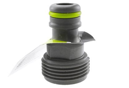 Male tap connector 3/4" BSPM with grey body, lime-green O-ring, threaded ends